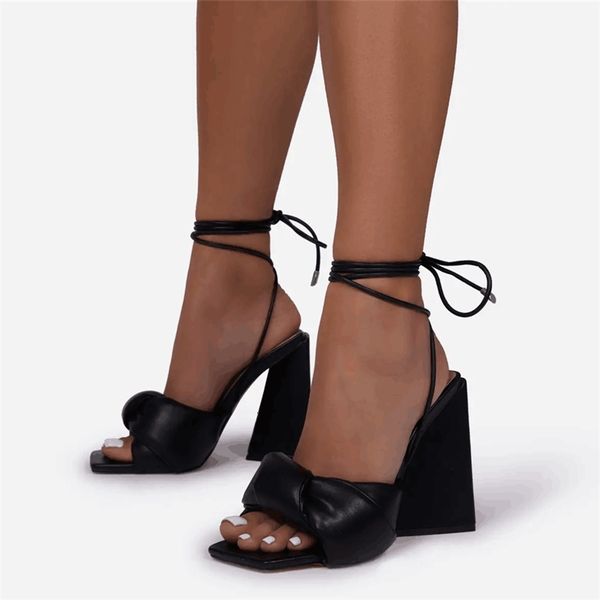 

sandals ins style triangle heeled women sandals ankle strap cross-tied high heels gladiator summer fashion female shoes 74x4, Black