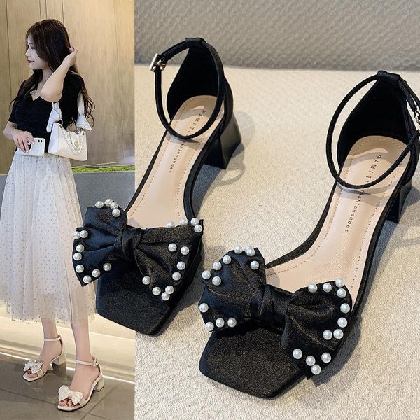 

sandals 2021 summer fashion simple pearl bow temperament women's shoes, Black