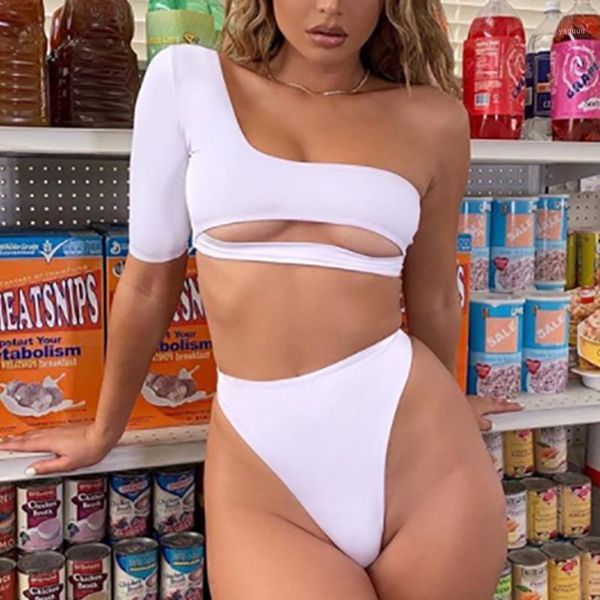 

one shoulder bikini women swimwear hollow out female biquini swim suit push up swimsuit beachwear swimming women's, White;black