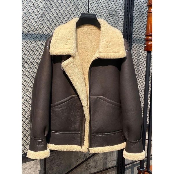 

men's leather & faux turkish merino original sheepskin wool integrated fur coat b3 flying jacket pre-sale, Black