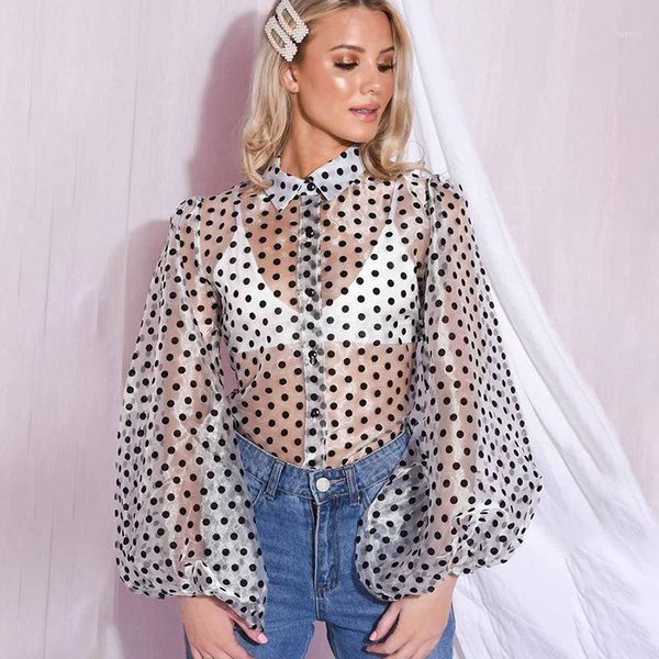 Streetwear Dots Print Camicetta Donna 2021 Sexy Mesh See Through Camicie Summer Long Lantern Sleeve Buttons Ladies Top Blusas Mujer Women's Blo