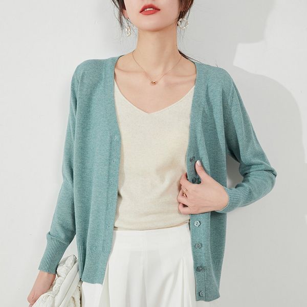 

women's knits & tees v-neck cardigan sweater women's spring and autumn fashion knit short thin coat gzbr, White