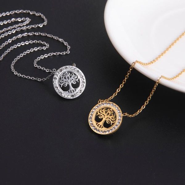 

chains cazador stainless steel tree of life crystal round small pendant necklace gifts clear zircon gold color viking choker necklaces, Silver