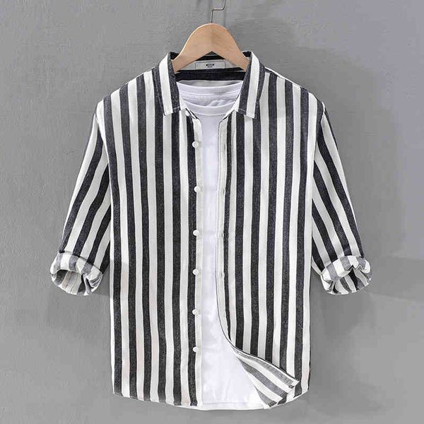 

men's t-shirts summer three-quarter sleeve striped cotton brand casual shirts for men fashion comfortable shirt mens chemise 2h6w, White;black