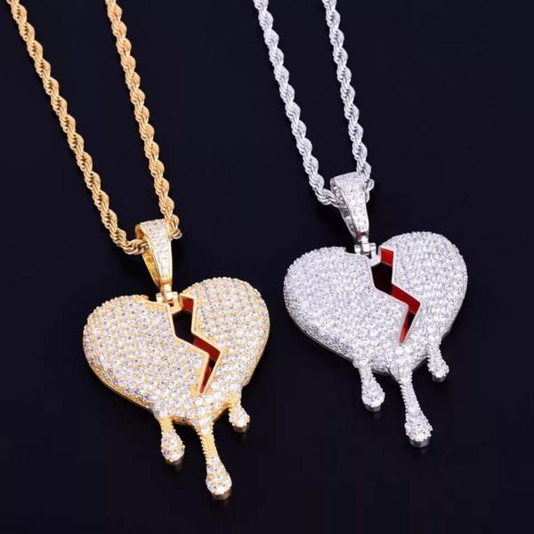 

red color oil drip heart necklace & pendant with tennis chain gold cubic zircon men's women hip hop jewelry gift chains, Silver