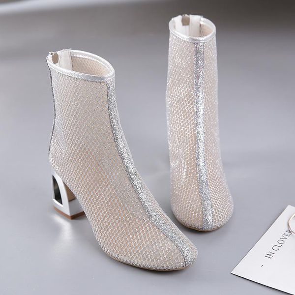 

dress shoes 2021 women's shoe tide summer gauze cool boots fashion thick heeled all-match net high head, Black