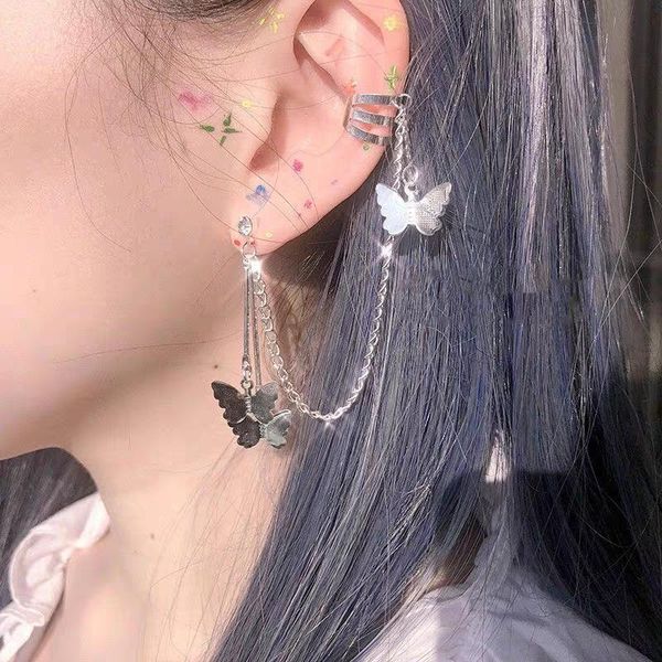 

dangle & chandelier fashion butterfly earrings ear clip stainless steel chain bone student girl gift, Silver