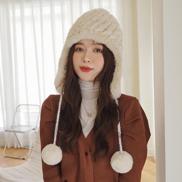 

berets 2021 winter warm fur hat female knitted hair braided lovely ear protection rex snow real bomber hats, Blue;gray