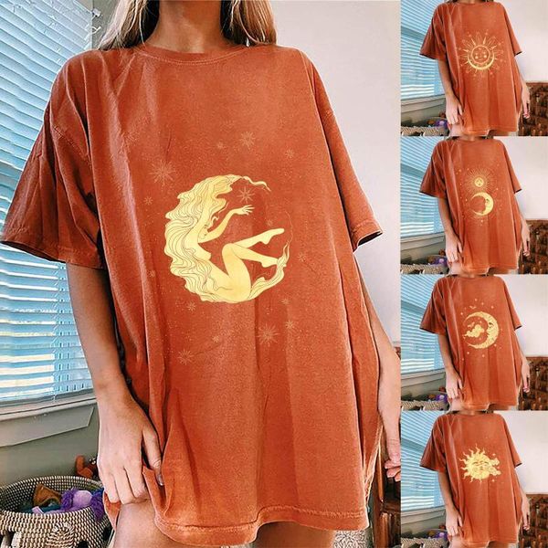 

women's t-shirt sun moon and star printed pattern casual loose short sleeve blouse tshirt female clothing streetweard4, White