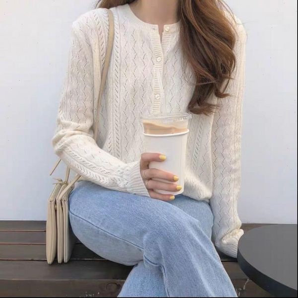 

beliarst womens sweaters spring and autumn ice silk cardigan round neck sweater loose hollow knit bottom coat, White;black