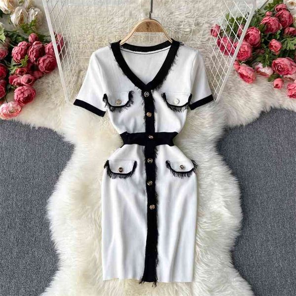 

fashion summer fall sheath elastic white bodycon knitted dress single-breasted tassel short sleeve knitwear for women 210602