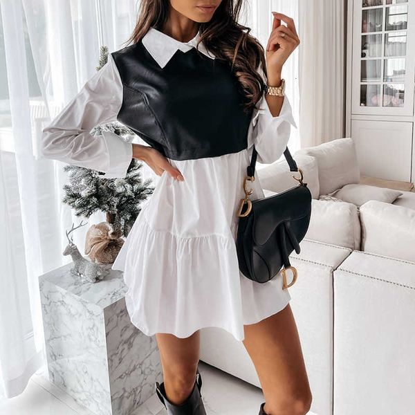 

casual dresses women faux leather patchwork white shirt spring long sleeve plaid chic lady mini a line office vestidos ez9e, Black;gray