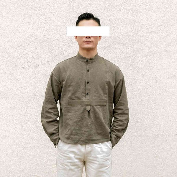 

blouses vintage cotton & linen crew neck pullover workwear shirts for men drop shoulder, White;black