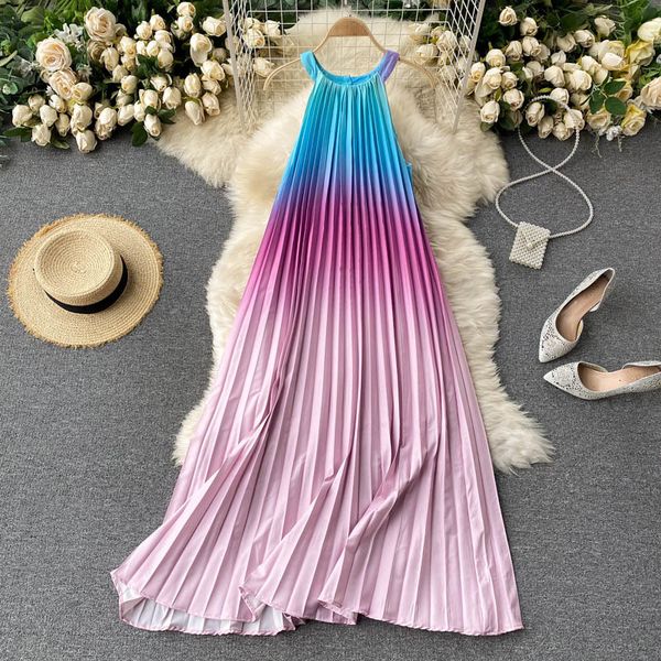 

casual dresses holiday travel pography net red temperament dress round neck hanging rainbow color gradient pleated loose slim skir, Black;gray