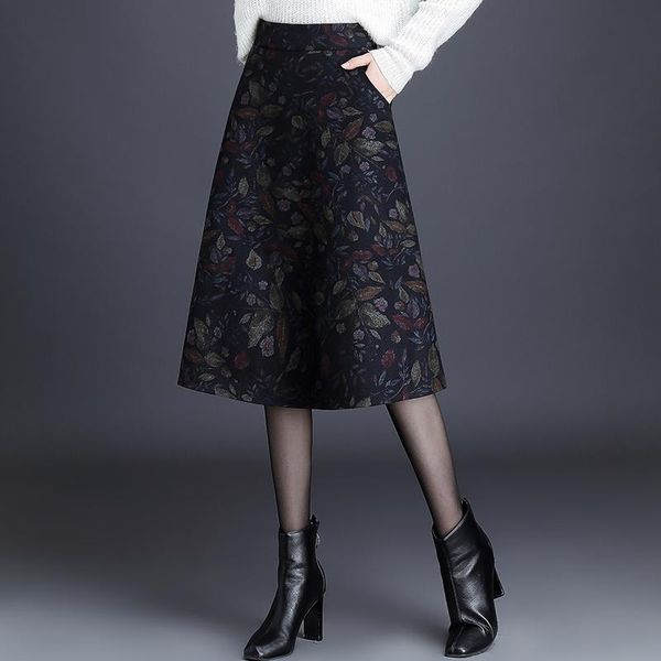 

skirts winter autumn womens high waisted floral printed woolen skirt , korean fall 4xl a line flower wool for woman, Black