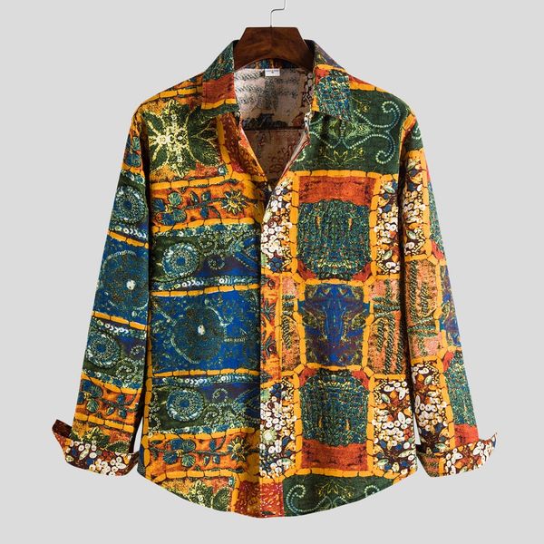 

shirts mens fashion linen ethnic style long sleeve casual printing lapel hawaiian blouse shirt para hombre, White;black