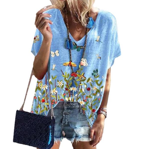 

women's t-shirt summer short-sleeve printed floral butterfly graphic harajuku fashion t shirt women v-neck loose pullover casual d30, White