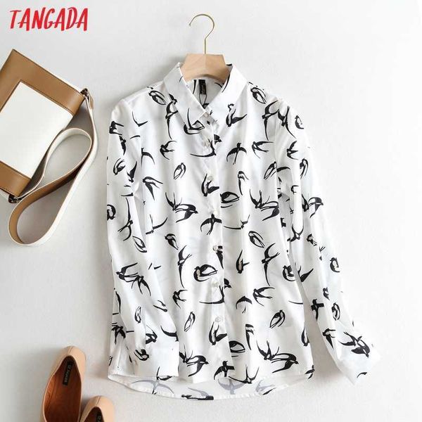 Tangada mulheres retrô pássaros impressão blusa manga longa chique feminino casual camisa frouxa blusas femininas 6d61 210609