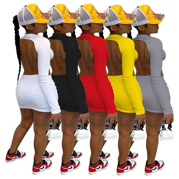 

casual dresses women dress solid color high elastic long sleeve slim backless nightclub style ladies sxrh, Black;gray