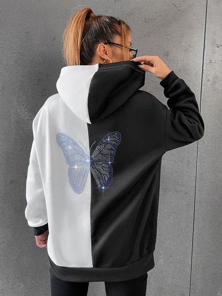 

colorblock butterfly rhinestone drop shoulder hoodie d0up#, White;black