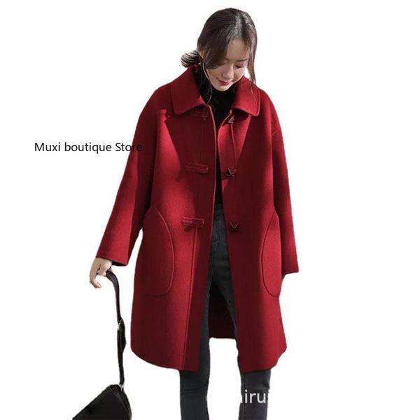 

women's wool & blends muxi women winter coat fashion red profile mid-length autumn for lapel double-sided woolen korean style clothing, Black