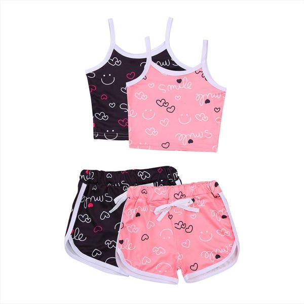 

lovely kids girls clothes sets 2pcs heart printed strapless vest elastic shorts 1 6y, White