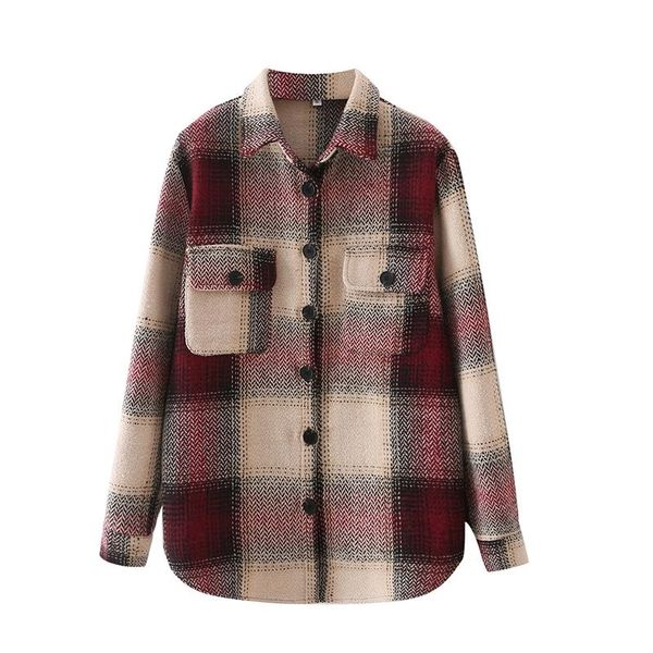 

women's polos 2021 fall fashionable temperament pocket woolen checked shirt straight jacket, White