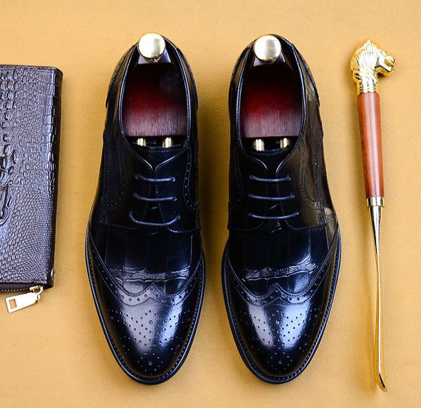 

new fashion brogue shoes men pointed toe mens dress shoes office handmade genuine leather formal shoes eu size 46, Black