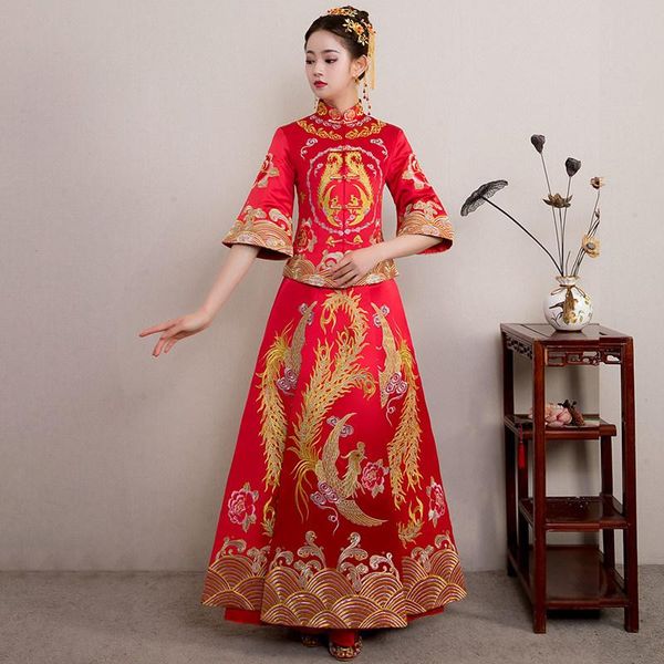 

ethnic clothing vintage chinese style formal dress royal phoenix wedding cheongsam costume red bride traditional tang suit embroidery qipao
