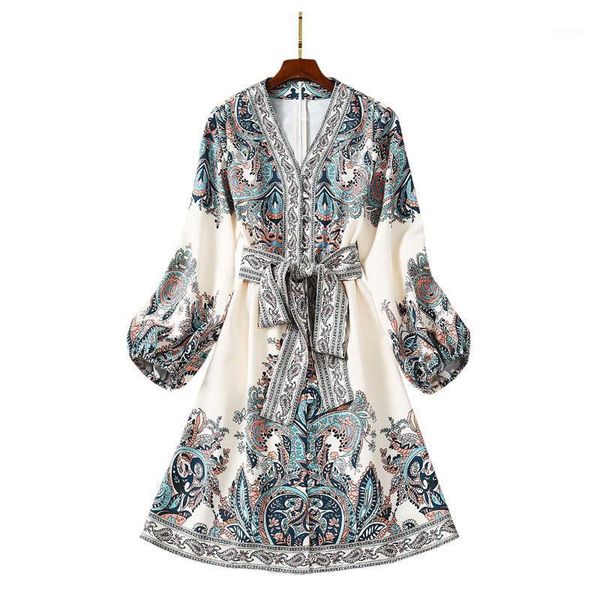 

casual dresses buttons closure v-neck lantern sleeves sash belt knee length retro floral shirt dress, Black;gray