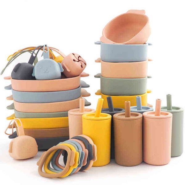 5 stücke Geschenkset Silikon Kinder Geschirr Abendessen Set Platten Fütterung Gerichte Teller Sippy Cup Schnuller Halter Beißring Toys G1210