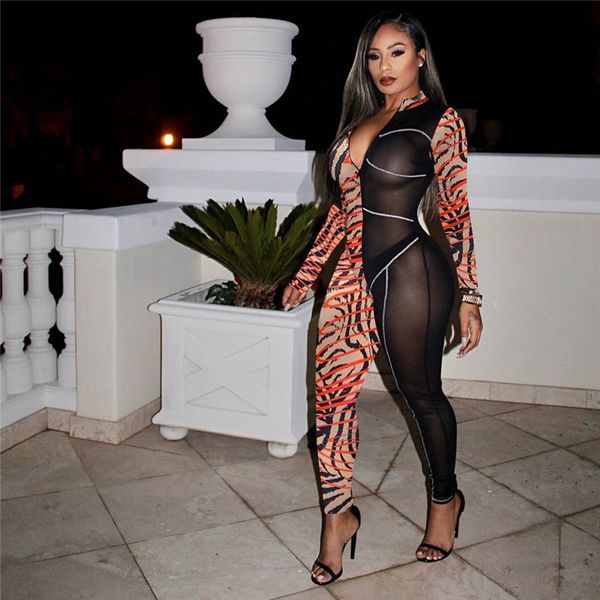 

fashion print mesh patchwork zipper long sleeve skinny jumpsuits for women 2021 winter club outfitsby air, Black;white