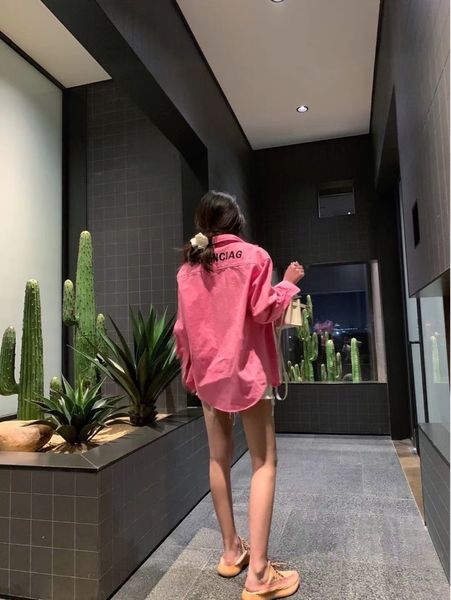 

luxury design 21ss early autumn cherry powder washed denim shirt b home back letter embroidery coat women's versatile, White