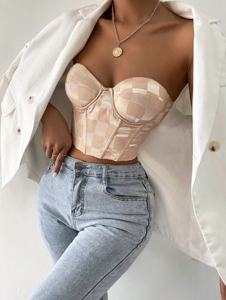 

checker print grommet lace up back crop tube w1ma#, White