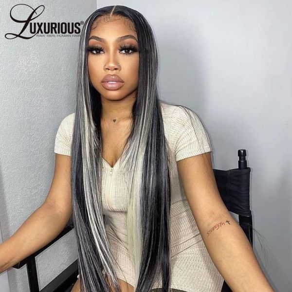 

lace wigs highlight blonde human hair for women colored straight wig 613 front ombre half black transparent, Black;brown