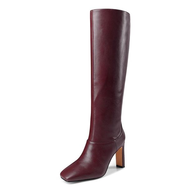 

boots square toe high-heeled microfiber burgundy knee-length plush lining green and comfortable casual all-match female, Black