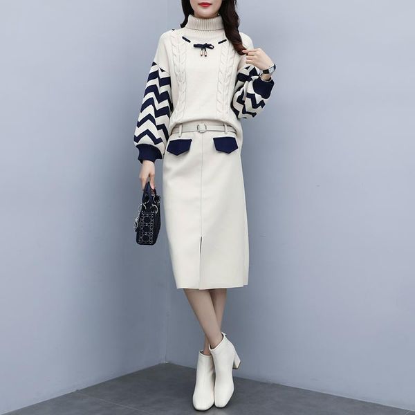 

two piece dress set splicing fashion women's large size winter clothing cover belly fat sister two-piece autumn suit, White