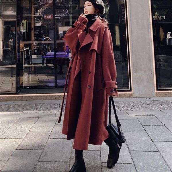 

women's wool & blends stitching woolen red coat korean version 2021 autumn winter casual gentle all-match lady femme, Black