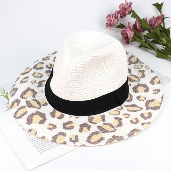 

wide brim hats leopard print straw hat letter bow summer bucket ladies sun fedora men and women, Blue;gray