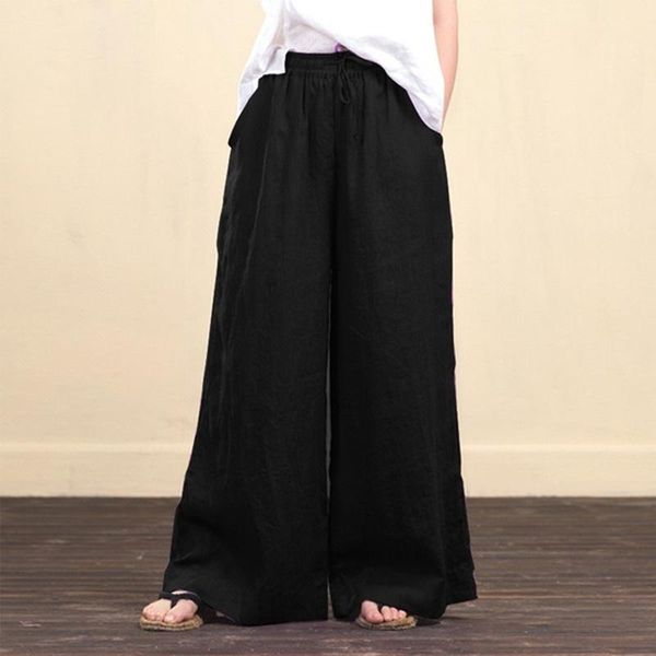 

plus size pants cotton linen wide leg women casual loose spring summer solid elastic waist drawstring straight women's trousers, Black
