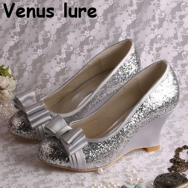 

dress shoes wedge heels for women silver weddings bow pumps round toe, Black
