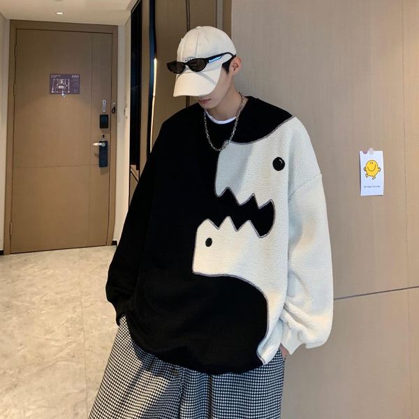 

men's hoodies & sweatshirts embroidery patchwork sweatshirt clothing casual loose streetwear male fashion autumn winter outwear, Black