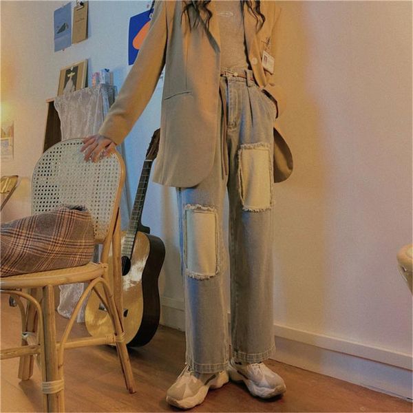 

women's jeans patchwork girl women streetwear straight summer blue cotton cargo pants cool harajuku loose female