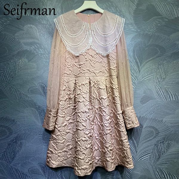 

casual dresses seifrmann 2021 summer women fashion designer party midi dress hollow out lantern sleeve beading print ladies a-line, Black;gray