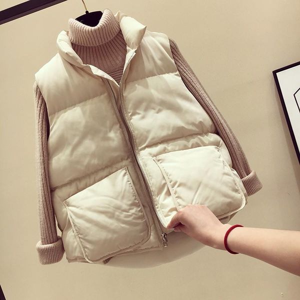 

women's vests 2021 autumn winter woman stand collar thick jackets coats beige fashion solid black pocket casual down coffee, Black;white