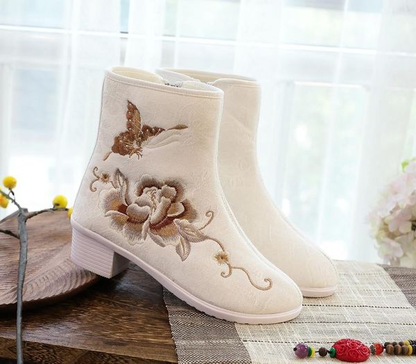 

boots women autumn winter chinese style ankle cotton embroidered vintage fashion hoof heels flower pumps ladies zip female shoes, Black