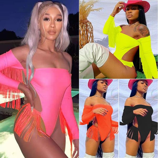 

women's solid one neck swimsuit tassel long sleeve beach piece two-piece suits