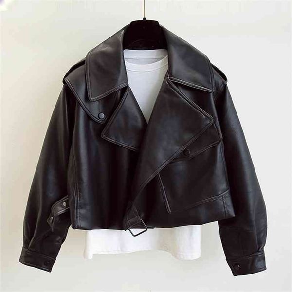 

ftlzz spring women faux leather jacket biker red white coat turndown collar pu motorcycle jackets loose streetwear outerwear 210916, Black