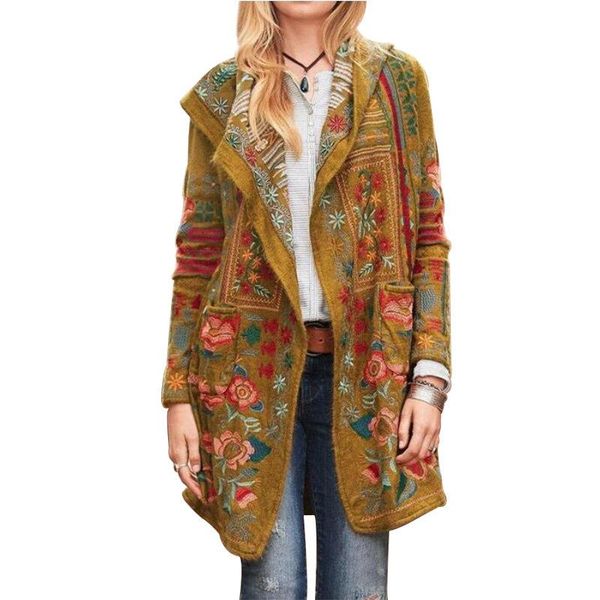 

women's jackets coats autumn winter clothing plus size vintage floral print jacket casual long sleeve open stitch coat 5xl, Black;brown
