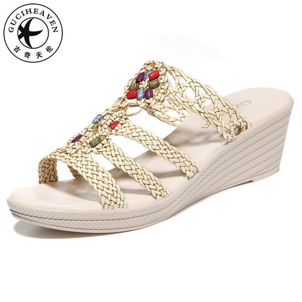 

slippers arrival summer beige brown breathable wedges women sandals causal lady with braided strap decoration peep toe, Black